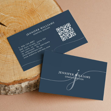 elegant plain navy blue script monogram qr code business invitations