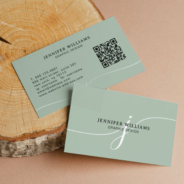 elegant plain sage green script monogram qr code business invitations