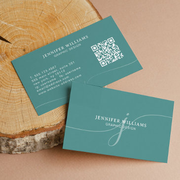 elegant plain teal script monogram qr code business invitations