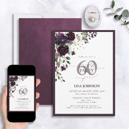 Small Elegant Plum Purple Floral Script 60th Birthday Invitation Front View