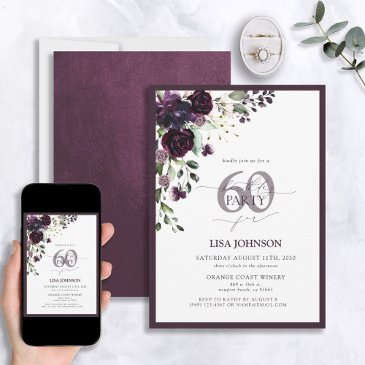 elegant plum purple floral script 60th birthday invitation