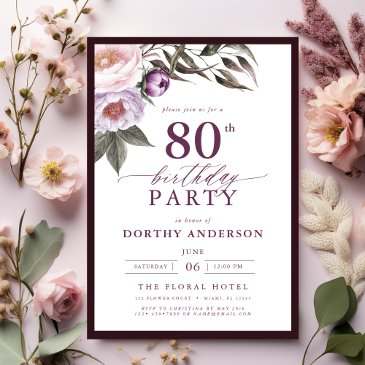 elegant plum purple floral script 80th birthday invitation