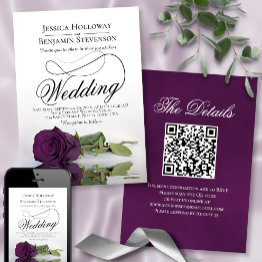Small Elegant Plum Purple Rose Fancy Qr Code Wedding Invitation Front View