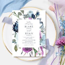 Small Elegant Purple And Blue Botanical Floral Wedding Invitation Front View