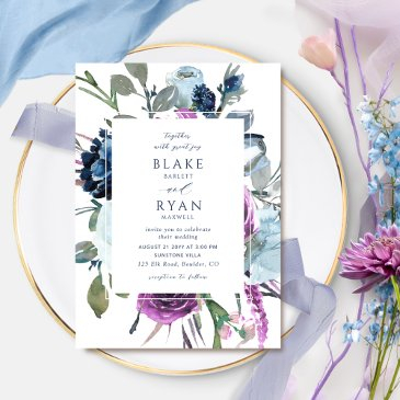 elegant purple and blue botanical floral wedding invitation
