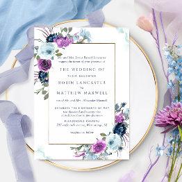 Small Elegant Purple And Blue Floral Formal Wedding Invitation Front View