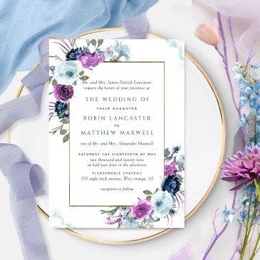 elegant purple and blue floral formal wedding invitation
