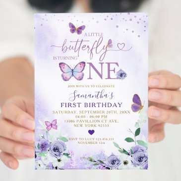 elegant purple butterfly is turning one birthday invitation