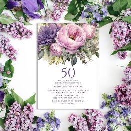 Small Elegant Purple Pink Floral 50th Birthday Invitation Front View