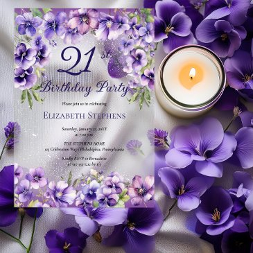 elegant purple violets floral 21st birthday party acrylic invitations