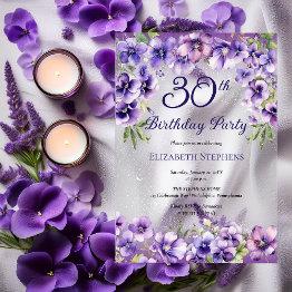 Small Elegant Purple Violets Floral 30th Birthday Party Acrylic Invitations Front View