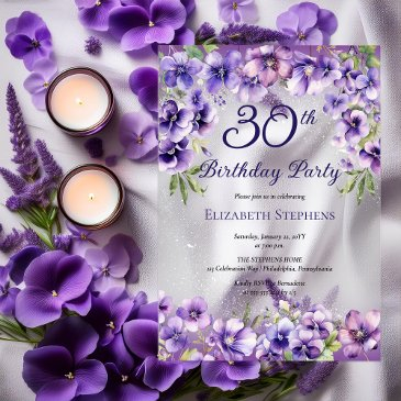 elegant purple violets floral 30th birthday party acrylic invitations