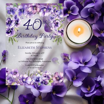 elegant purple violets floral 40th birthday party acrylic invitations