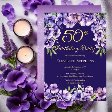 elegant purple violets floral 50th birthday party foil invitation