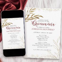 Small Elegant Quinceanera And Mass Red And Gold Leaf Invitation Front View