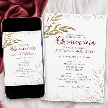 elegant quinceanera and mass red and gold leaf invitation