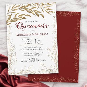 elegant quinceanera red and gold leaves invitation