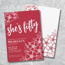 Small Elegant Red 50th Birthday Party Invitation Front View