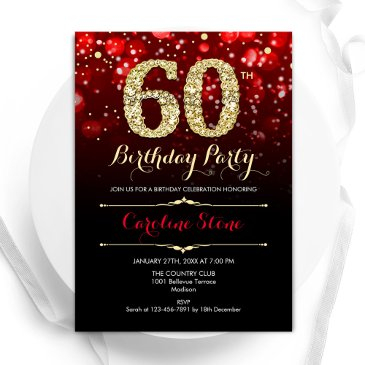 elegant red black gold 60th birthday invitation