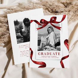 Small Elegant Red Bow Photo Graduation Announcement Front View