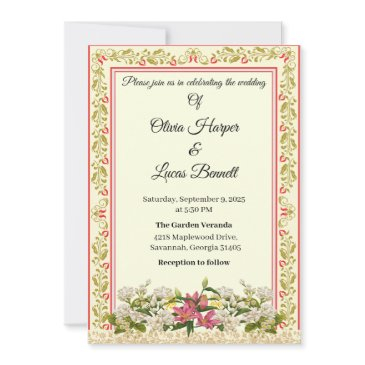 elegant red & gold floral wedding invitation