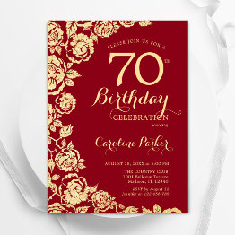 Small Elegant Red Gold Roses 70th Birthday Invitation Front View
