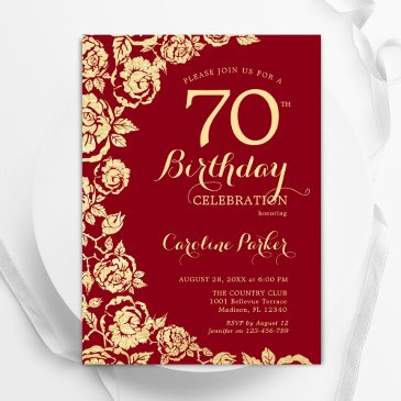 elegant red gold roses 70th birthday invitation