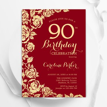 elegant red gold roses 90th birthday invitation