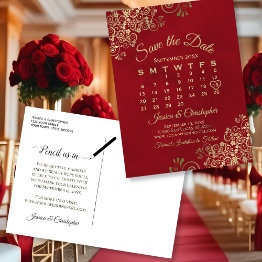 Small Elegant Red & Gold Wedding Save The Date Calendar Announcement Postinvitations Front View