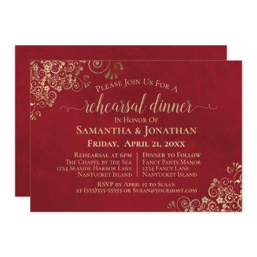 elegant red & lacy gold wedding rehearsal & dinner invitation