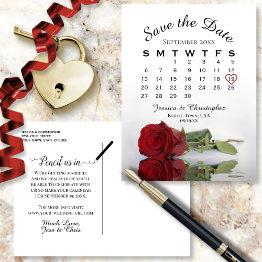 Small Elegant Red Rose Wedding Calendar Save The Date Announcement Postinvitations Front View