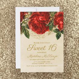 Small Elegant Red Roses Tan Sweet 16 Birthday Invitation Front View