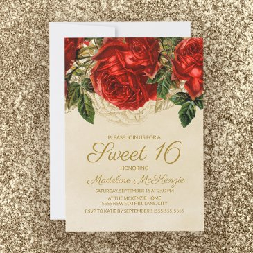elegant red roses tan sweet 16 birthday invitation