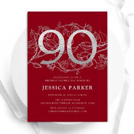 Small Elegant Red Silver 90th Birthday Invitation Front View