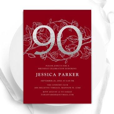 elegant red silver 90th birthday invitation