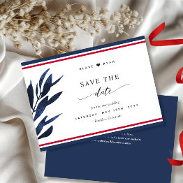 Small Elegant Red, White And Blue Stripes, Leaf Wedding Save The Date Front View