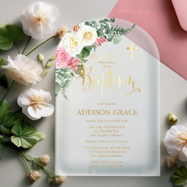 elegant rose garden - girl baptism - faux gold acrylic invitations