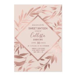 Small Elegant Rose Gold Pink Floral Leaves Sweet 16 Invitation Front View