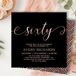 Small Elegant Rose Gold Sixty Script Black 60th Birthday Invitation Front View