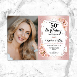 Small Elegant Rose Gold White Photo 50th Birthday Invitation Front View