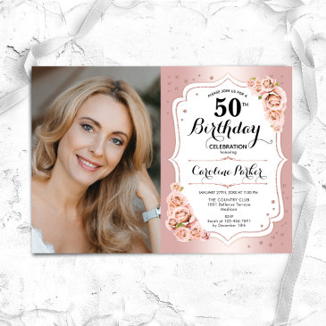 elegant rose gold white photo 50th birthday invitation