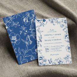 Small Elegant Royal Blue Floral Garden Wedding Invitation Front View