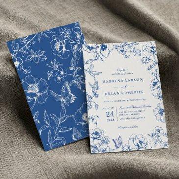 elegant royal blue floral garden wedding invitation
