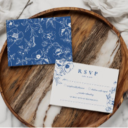 Small Elegant Royal Blue Floral Garden Wedding Rsvp Enclosure Invitations Front View