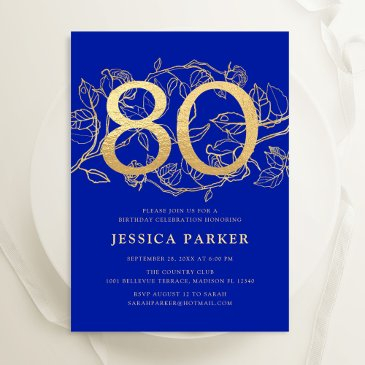 elegant royal blue gold 80th birthday invitation