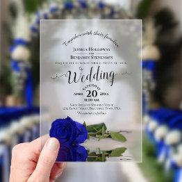 Small Elegant Royal Blue Rose Lacy Calligraphy Wedding Acrylic Invitations Front View