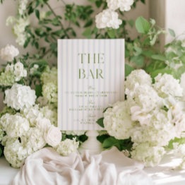 Small Elegant Sage Green & Blue Striped Wedding Bar Sign Invitation Front View