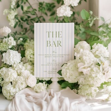 elegant sage green & blue striped wedding bar sign invitation
