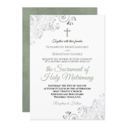 Small Elegant Sage Green & Gray Modern Catholic Wedding Invitation Front View