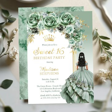 elegant sage green rose floral sweet 16 party foil invitation